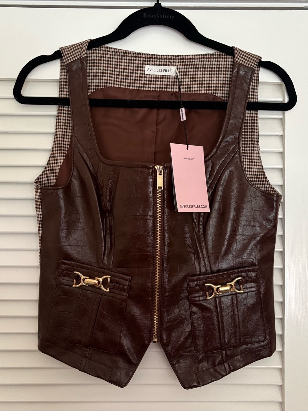 NWT Avec Les Filles Equestrian Faux Leather Vest Chocolate Plaid (Womens Size M)